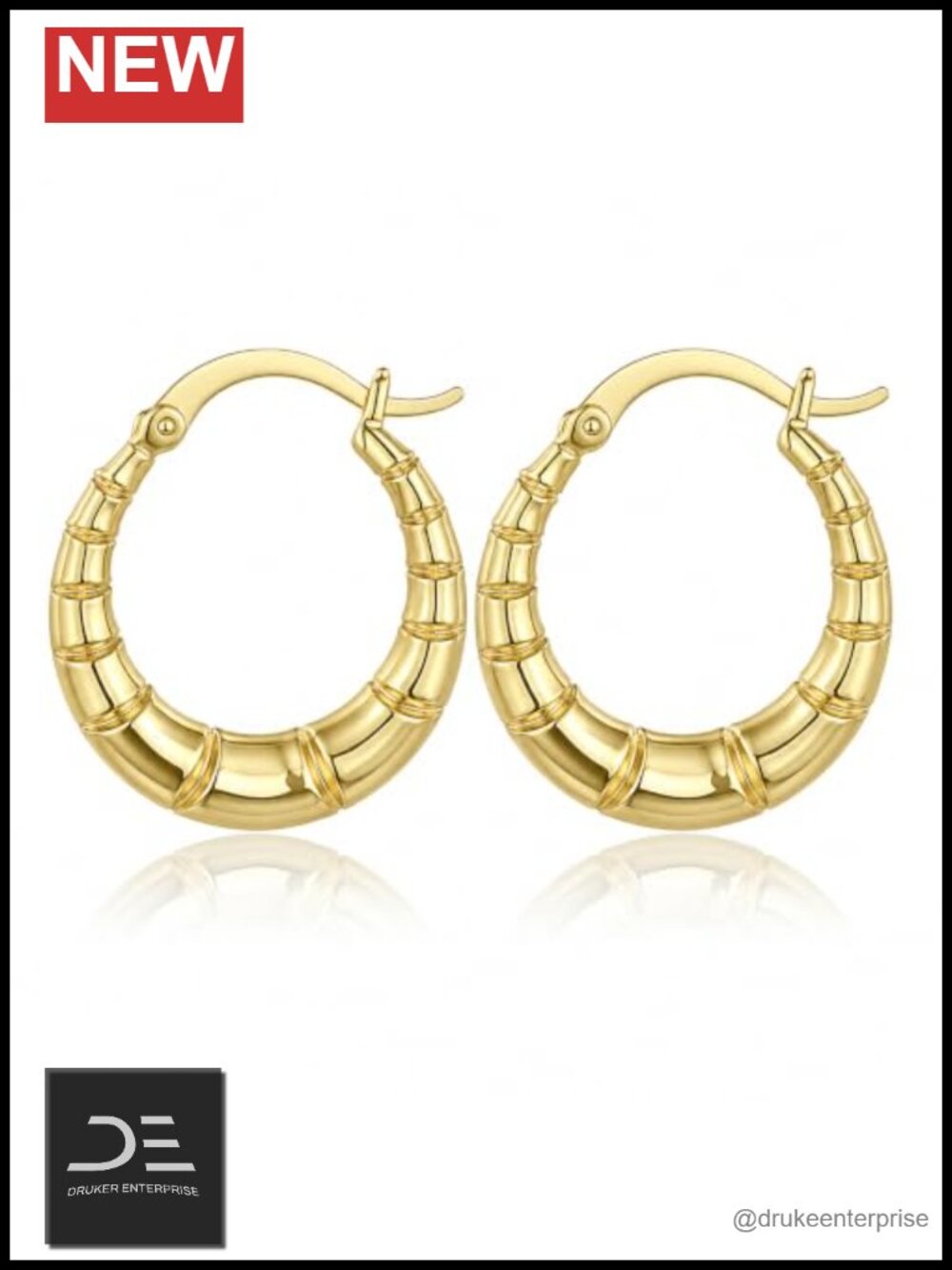 Textured Bamboo Hoop Earrings 14K Gold Plated 25mm Polished Hoops